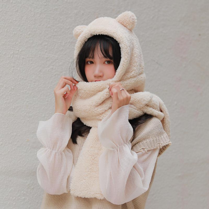 Lolita kvindelig hat kasket japansk kawaii bjørn hals varmere tørklæde vinter blød plys hætteklædte hat tørklæder skullies en dejlig for piger: 4