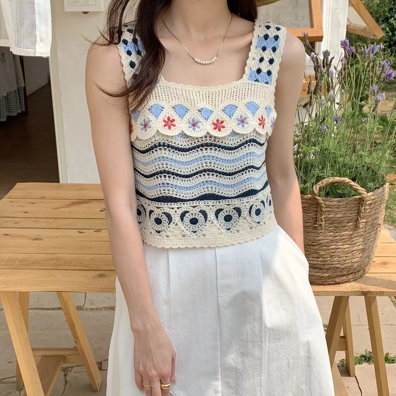 Hæklet tanktop med broderi, åben strik, firkantet, ærmeløs crop top til kvinder, sommer, fairycore, cottagecore, bedstemor vintage outfit