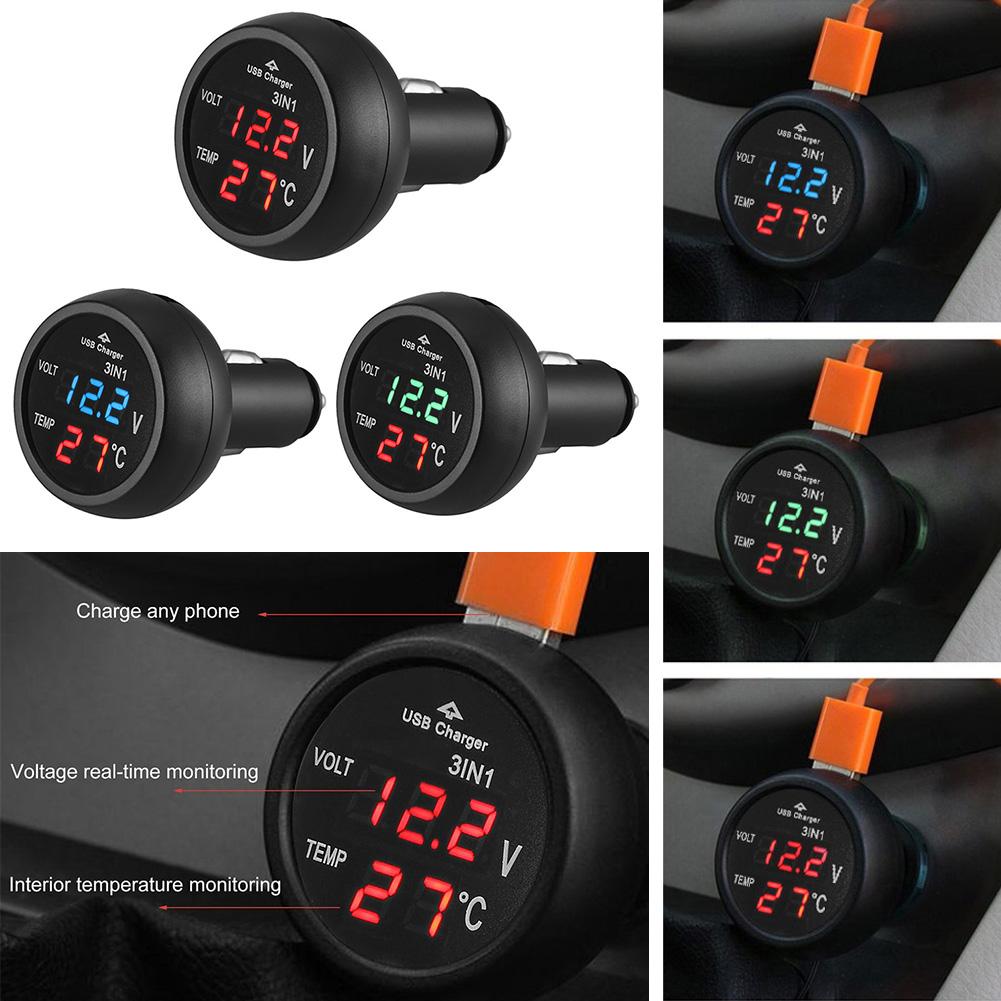 Voltímetro Digital LED multifunción para coche, Universal, 3 en 1, 12V, 24V, termómetro, Cargador USB, medidor de voltaje