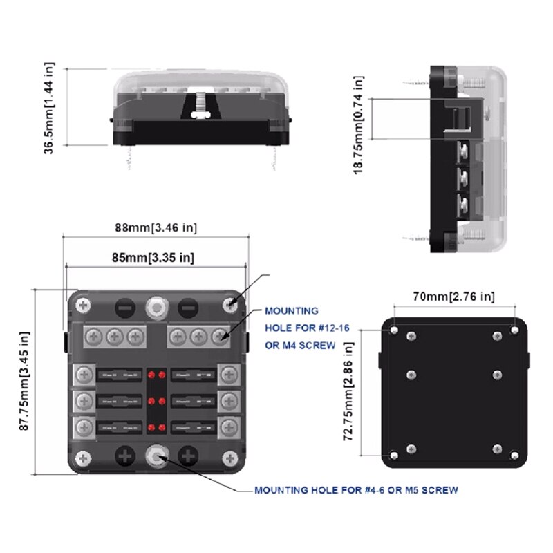 Dc 12-32V Truck Motorhome-Coach Boat Bus Bar Power Distribution Block Double Busbars 12-Way Boat Bus 12-Way Fuse Box With Led