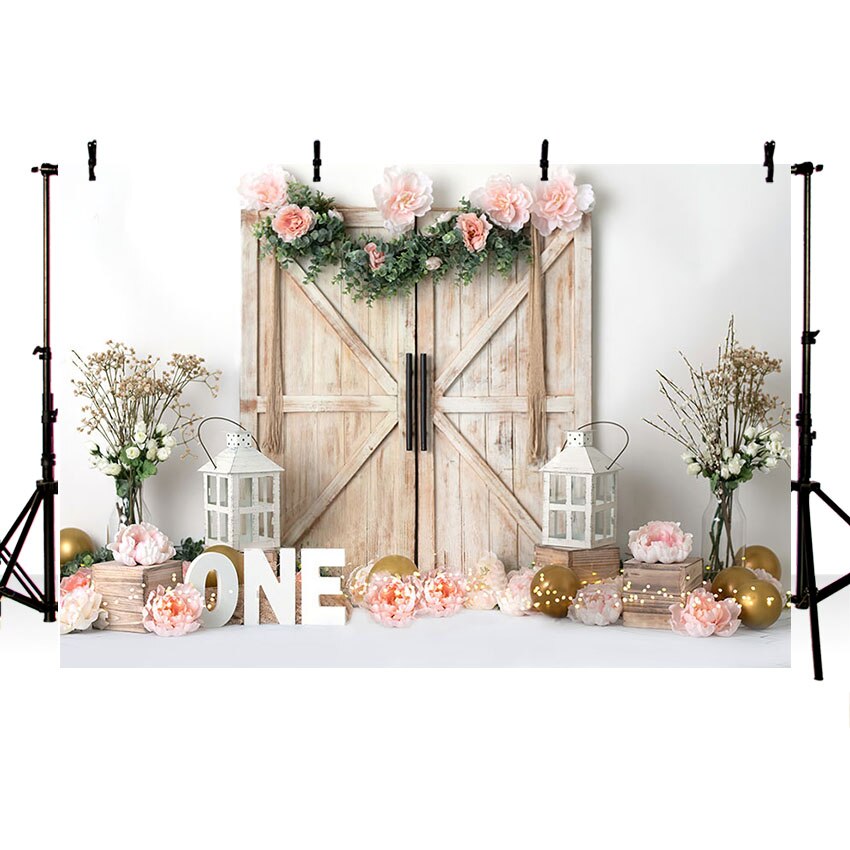 Mehofond – arrière-plan de photographie rose Floral, porte en bois pour fille, décoration de gâteau de fête de 1er anniversaire, accessoire de Studio Photo