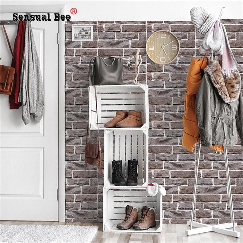 3D Gray Brick Pattern Emboss Tiles Wall Sticker Cupboard Kitchen Tile Waist Line Wall Decals Home Decor Waterproof PVC Art Mural