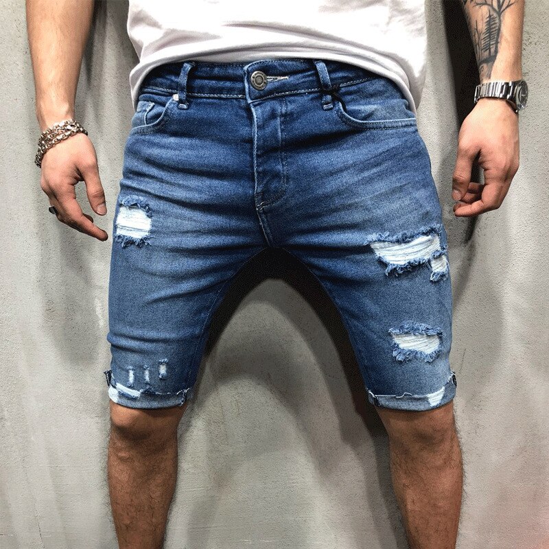 Casual Mens Denim Shorts Stretch Regular Fit Distressed Ripped Half Jeans Pants