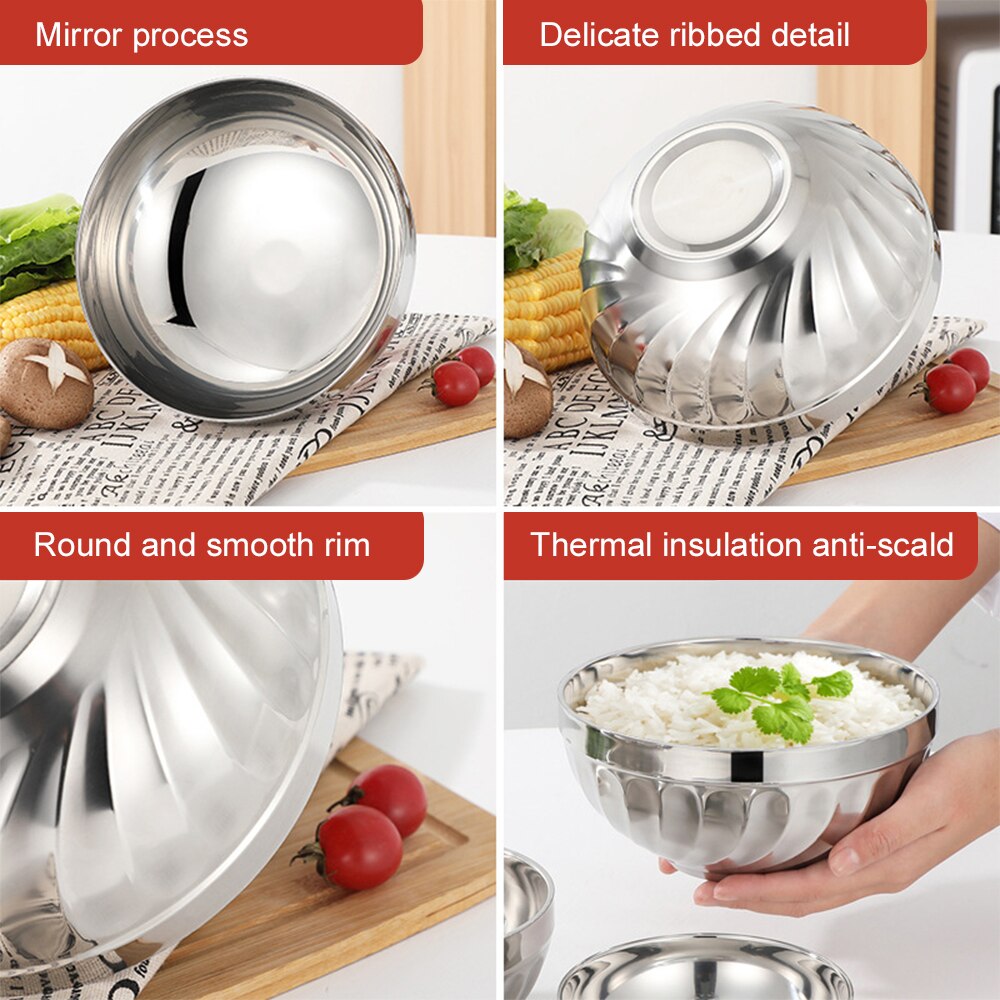 Stainless Steel Bowl Anti-Scald Double-Wall Thermal Insulation Bowls Non-Slip Food Soup Bowl Kitchen Utensil for Cooking Baking
