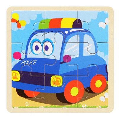 Mini Size 11*11cm Wooden 3D Cartoon Puzzle Jigsaw for Children Kids Cartoon Animal/traffic Puzzles Educational Toy Girl Boy: police car