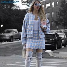 Vrouwen herfst plaid tweedelige set wollen bottons lange mouwen vesten en mini rok elastische taille streetwear pak sets