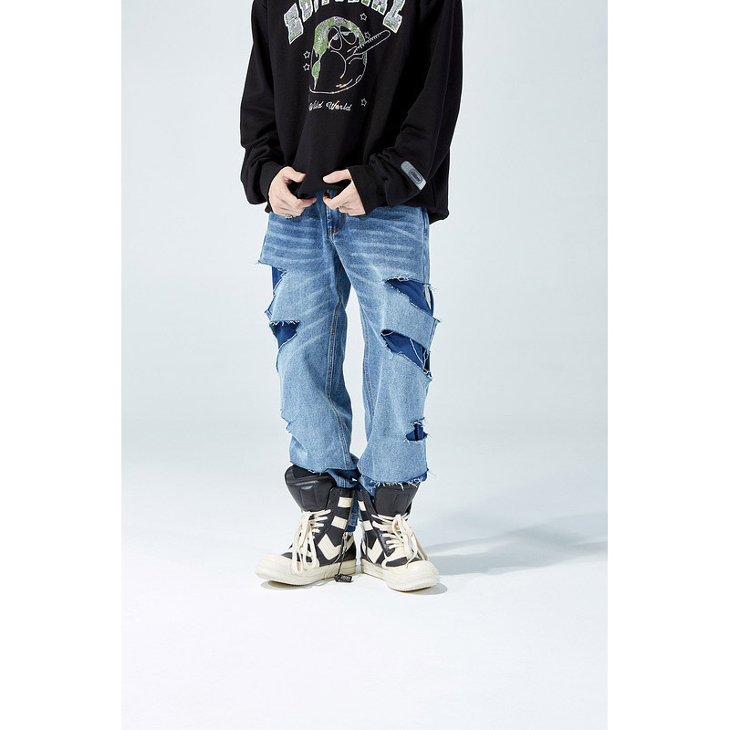 jeans strappati strappati alto strada pantaloni uomo anca salto urbano Nero Streetwear pantaloni in denim anca salto