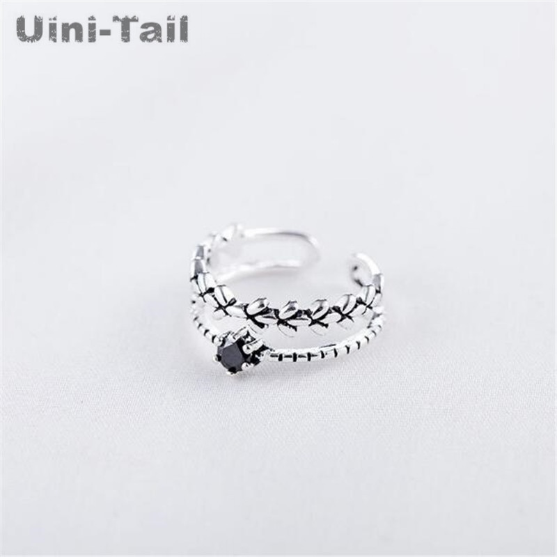 Uini-Staart 925 Sterling Zilveren Creatieve Obsidiaan Leaf Ring Korea Eenvoudige Mode Dynamische Ring GN483