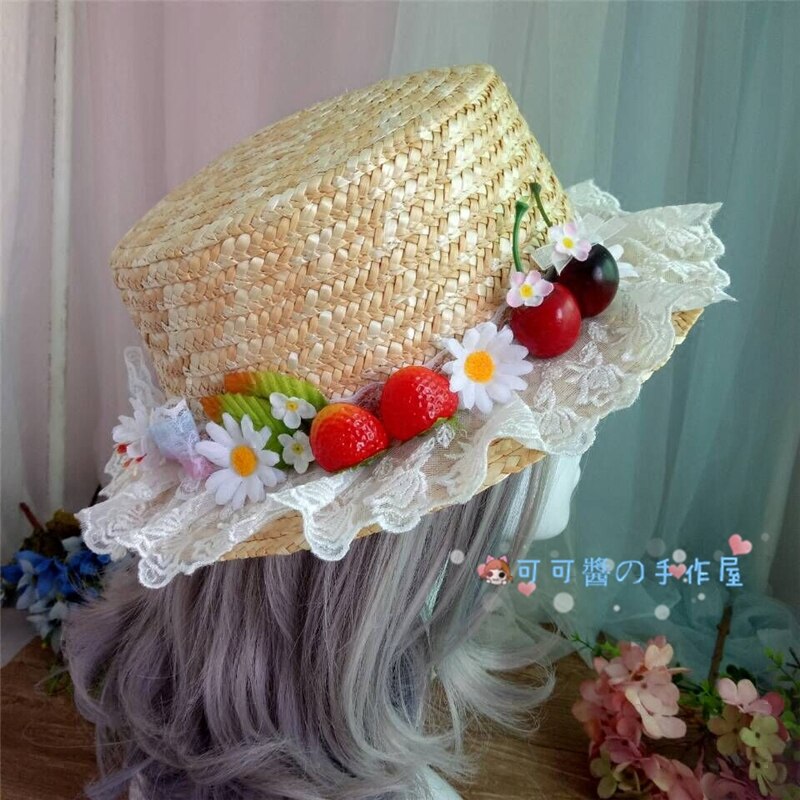 Diy Hand Made Lolita Zachte Zus Zoete Japanse Meisje Stro Hoed Kant Kleine Aardbei Pastorale Dagelijks Sen Hoed