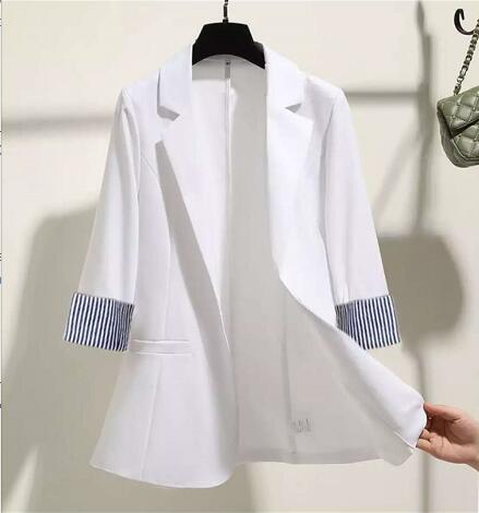 Blazer printemps et été coréen en lin, Slim, Patchwork, rayé, grande taille, vêtements de travail, manteau avec un seul bouton, F61210: WHITE / M(40-52.5kg)