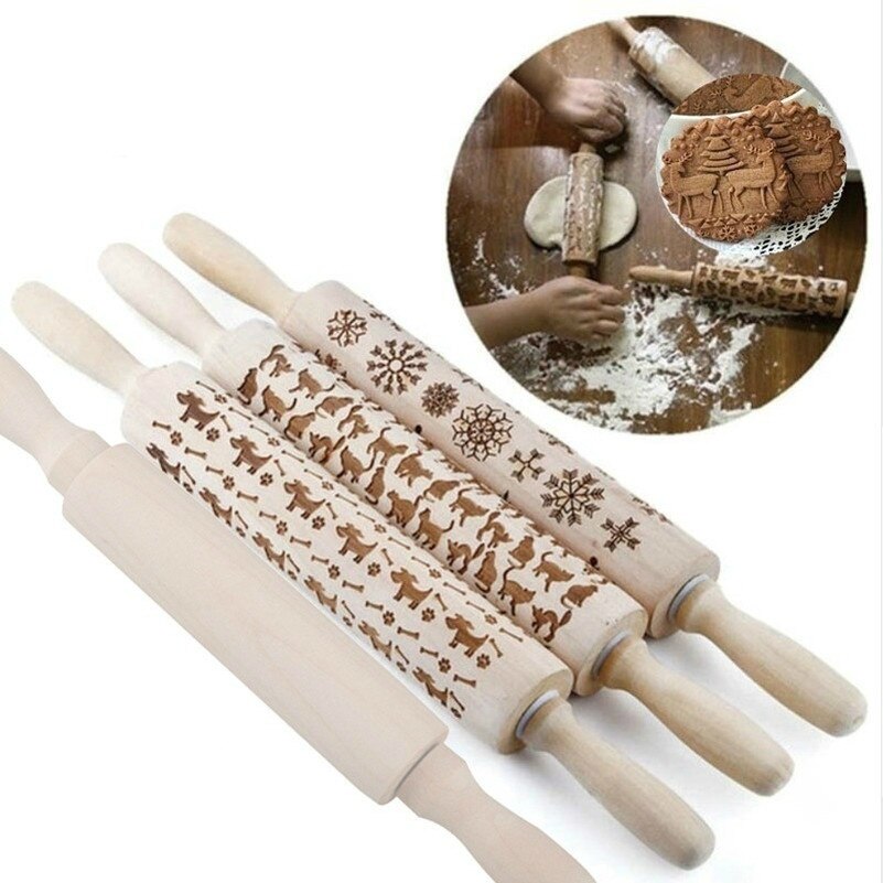 Hout Kerst Gedrukt Deegroller Houtsnijwerk Reliëf Rolling Pin Cookie Deeg Stok Ambachtelijke Keuken Gereedschappen Deegrol