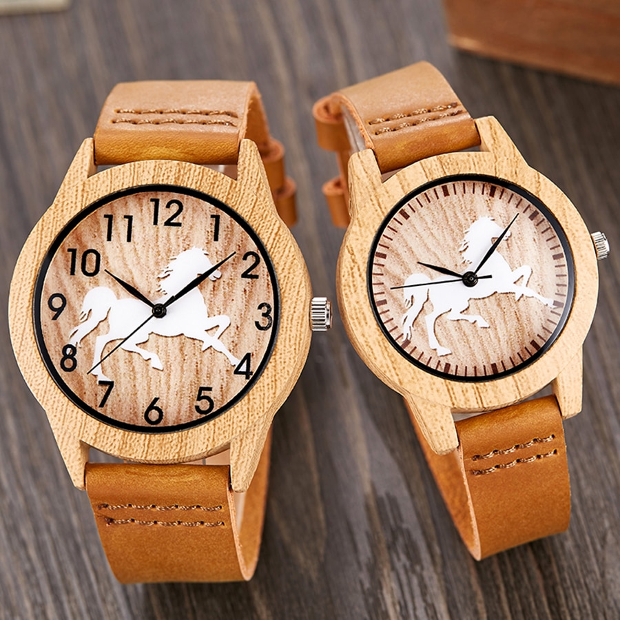 Imitatie houten horloge mannen vrouwen imitatie houten polshorloge zachte leren band mannen kwarts paar pols klok schedel bidsprinkhaan paard uur