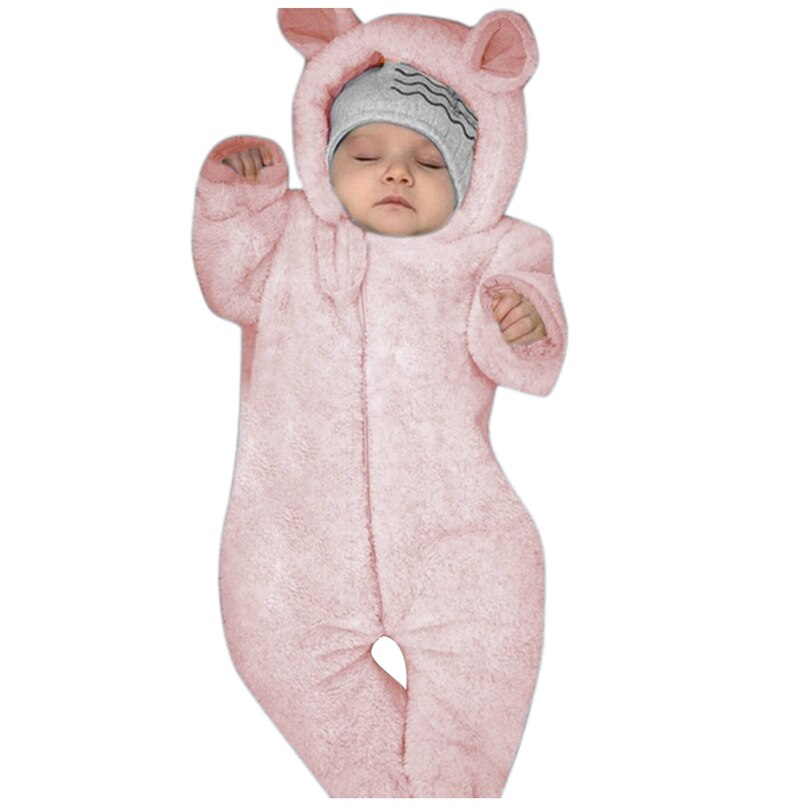 Pasgeborenen Hooded Oren Footies Baby Jongen Meisje Solid Winter Fleece Warm Lange Mouwen Jumpsuit Rits Uitloper Baby Kleding 0-18M A20