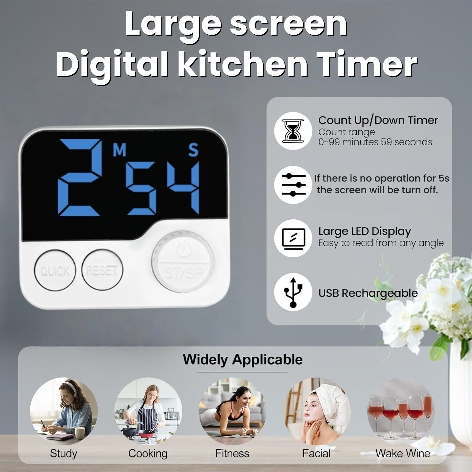 Rotate Digital Visual Timer for Kitchen & Study，100min Study&kitchen Cute Egg Timer with Magnetic Back for Shower Yoga Oven