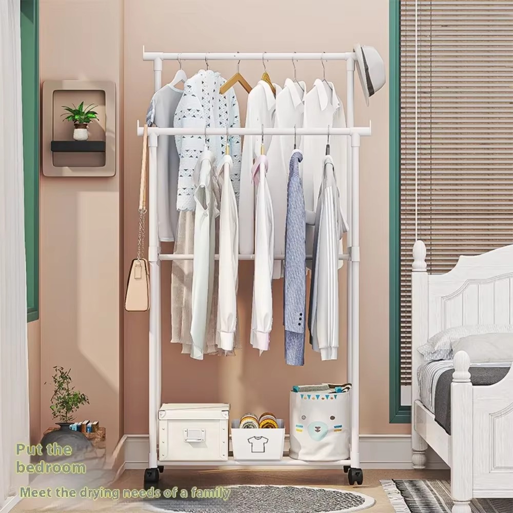 Kleiderständer, doppelstange, beweglicher, bodenstehender Schlafzimmer-KleiderbüGel mit Haken, hängender Kleiderorganisator und Rollen