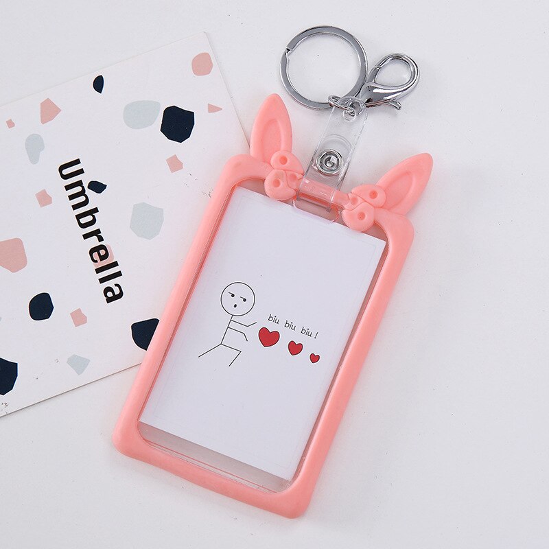 Creatieve Boog Siliconen ID Kaarthouder Sleutelhanger Vrouwen Anti-val Naam Badge Paspoort Cover Student Leuke Kat Oor Card case Houders: Roze