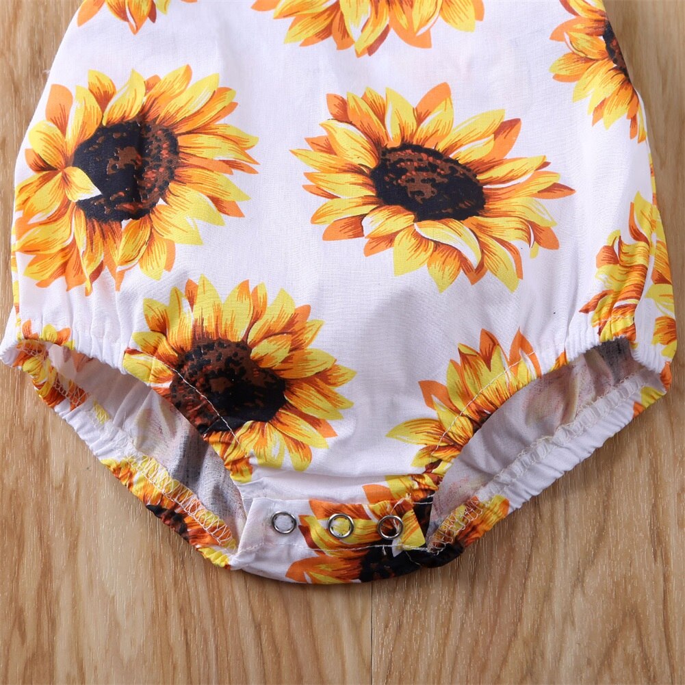 Babymeisjes jongens bodysuit zonnebloemen print ruches mouw jumpsuit hoofdband outfits kleding zomer