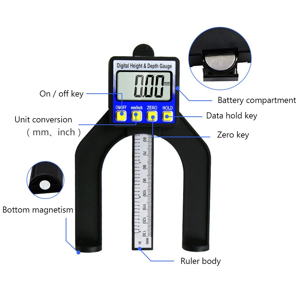Calibrador de profundidad Digital LCD, calibradores de altura con pies magnéticos para mesas enrutadoras, herramientas de medición de carpintería de 0-80mm, 0,01mm