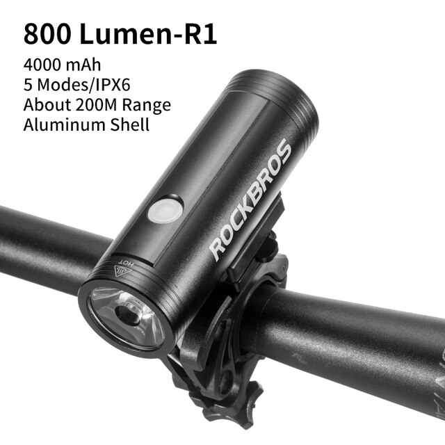 Feu Avant RockBros RHL400 - 400 Lumens - IPX6 - Rechargeable - Lampe Guidon Vélo - Noir - Neuf