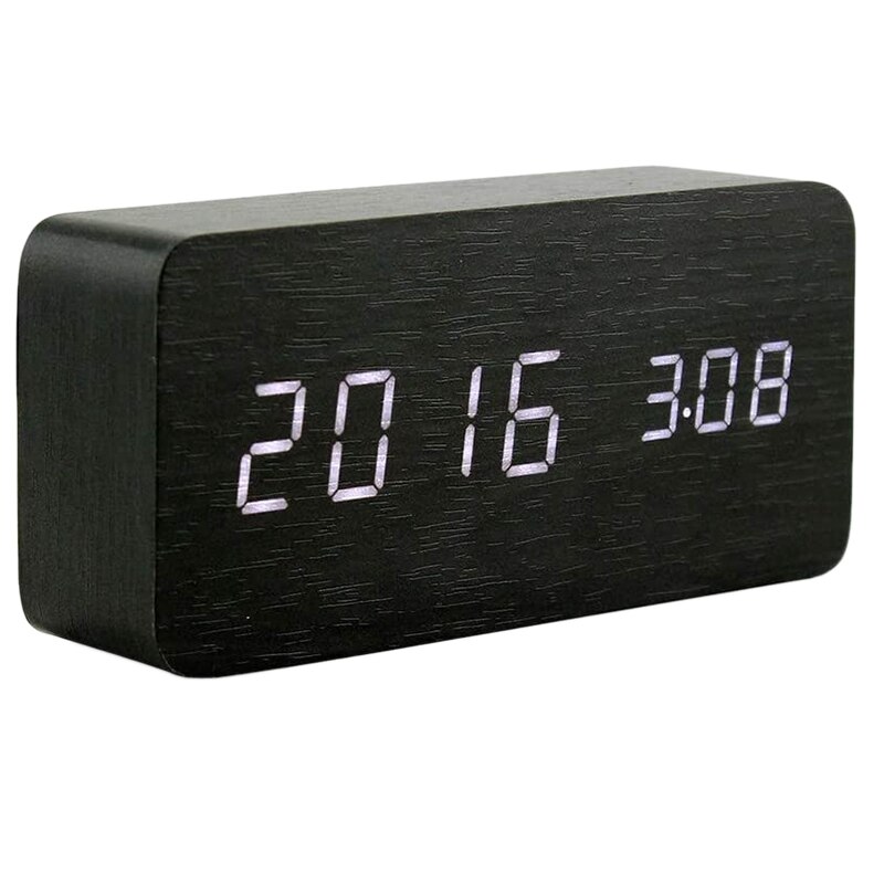 Wooden Digital Alarm Clock, Wood Multi-Function LED Alarm Clock with USB Power Supply, Voice Control