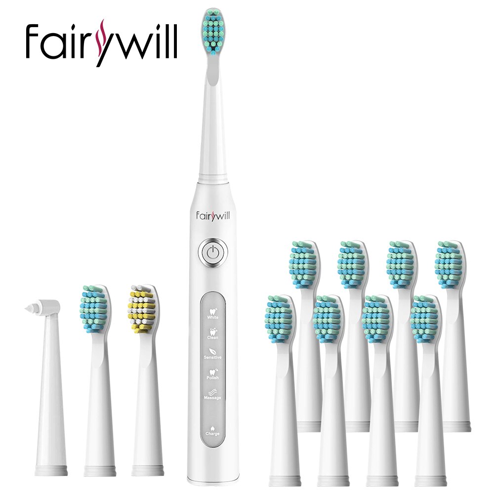 Fairywill Electric Sonic Toothbrush FW-507 Rechargeable USB Charge Waterproof Electronic Tooth 8 Brushes Replacement Heads Adult: FW-ET507White.FW01-2