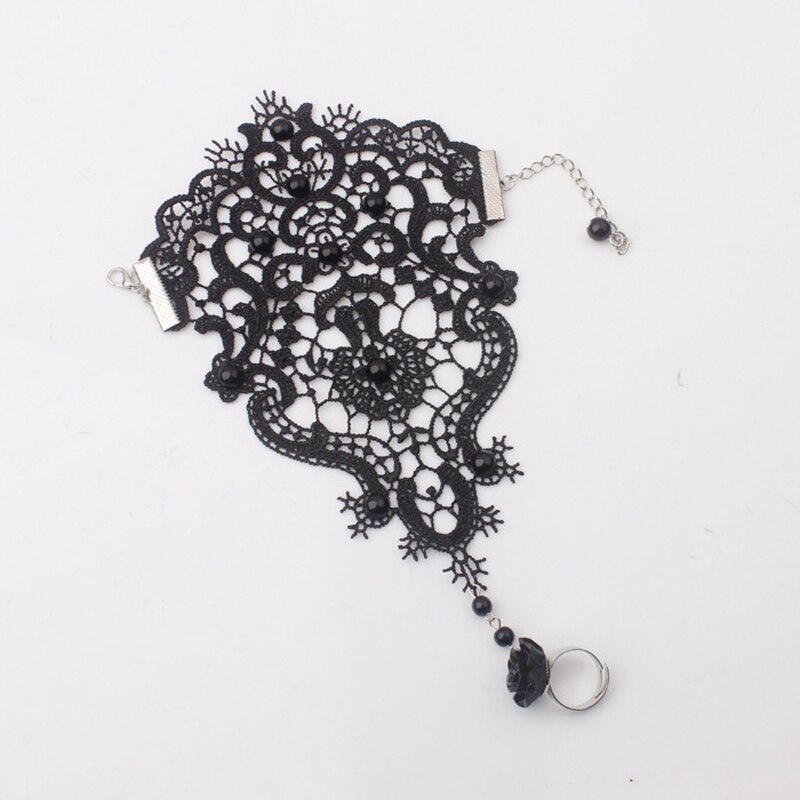 Ślub z czarnym kwiatem róża taśma koronkowa bransoletka i regulowany zestaw pierścieni panna młoda dla nowożeńców ręcznie wykonane rękawiczki nadgarstek biżuteria akcesoria