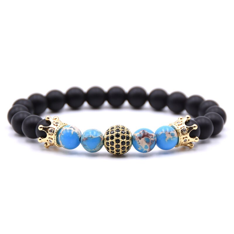 Golden Cz Bal & Crown Mannen Armbanden 8Mm Black Lucky Stone Kralen Armband Voor Vrouwen Mannen: 9