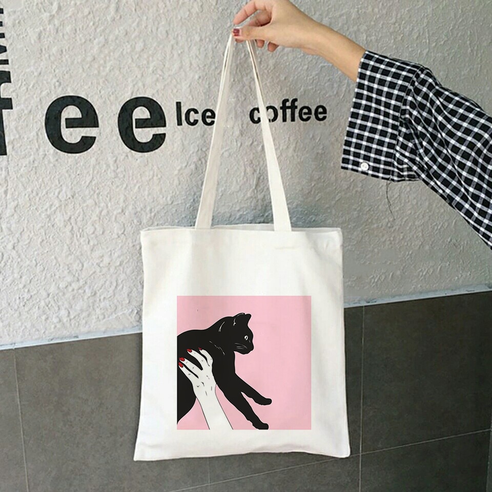 Drôle noir chat impression femmes toile sac à bandoulière graphique sacs à provisions 90s Ulzzang Harajuku Kawaii sacs à main fourre-tout: B1081-TBWH-M