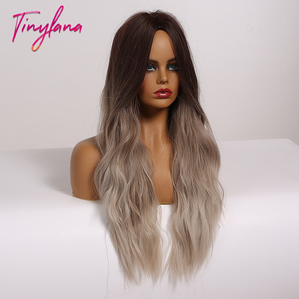 TINY LANA Synthetic Wigs Golden Ash Blonde Ombre Long Middle Point Wavy HairStyle Natural Hairline for Afro Women Heat Resistant