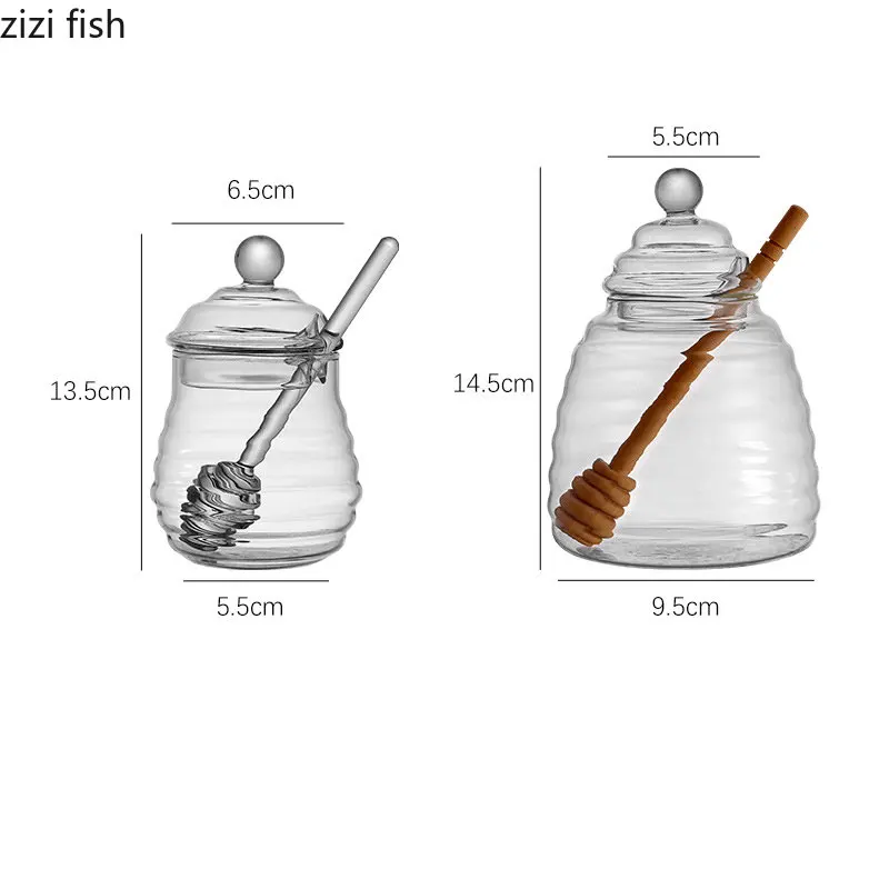 Szklany słoik na miód z pokrywką, przezroczysty słoik na dżem, prążkowana szklana butelka, domowa kuchnia, pojemnik do przechowywania miodu z mieszadłem