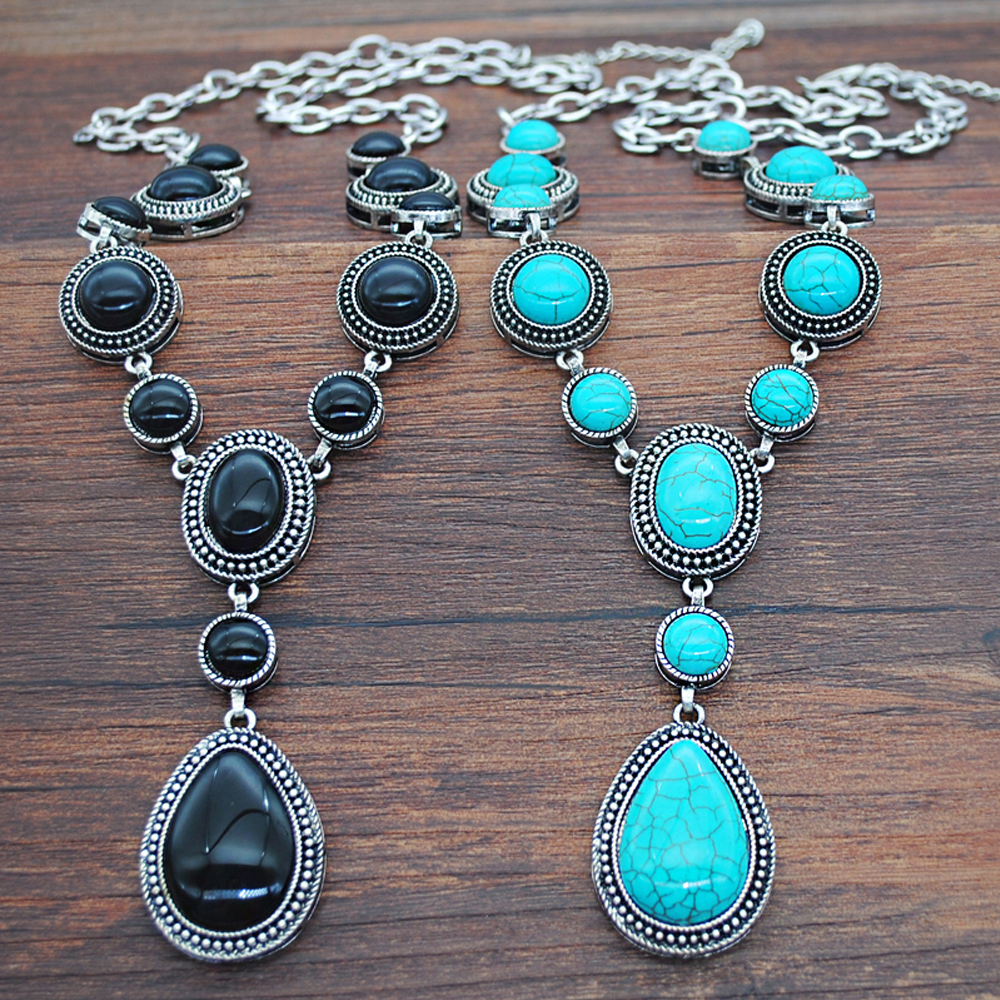 Turquoise ketting waterdruppelvormige blauwe stenen hanger vrouwen Vintage Tibetaans zilveren instelling zwarte stenen sieraden cadeau