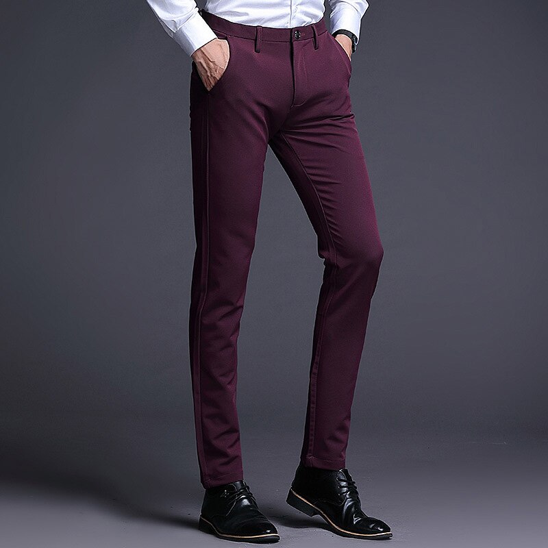 Men's Wine Red Slim Trousers Stretch Youth Pants Suit Pants
