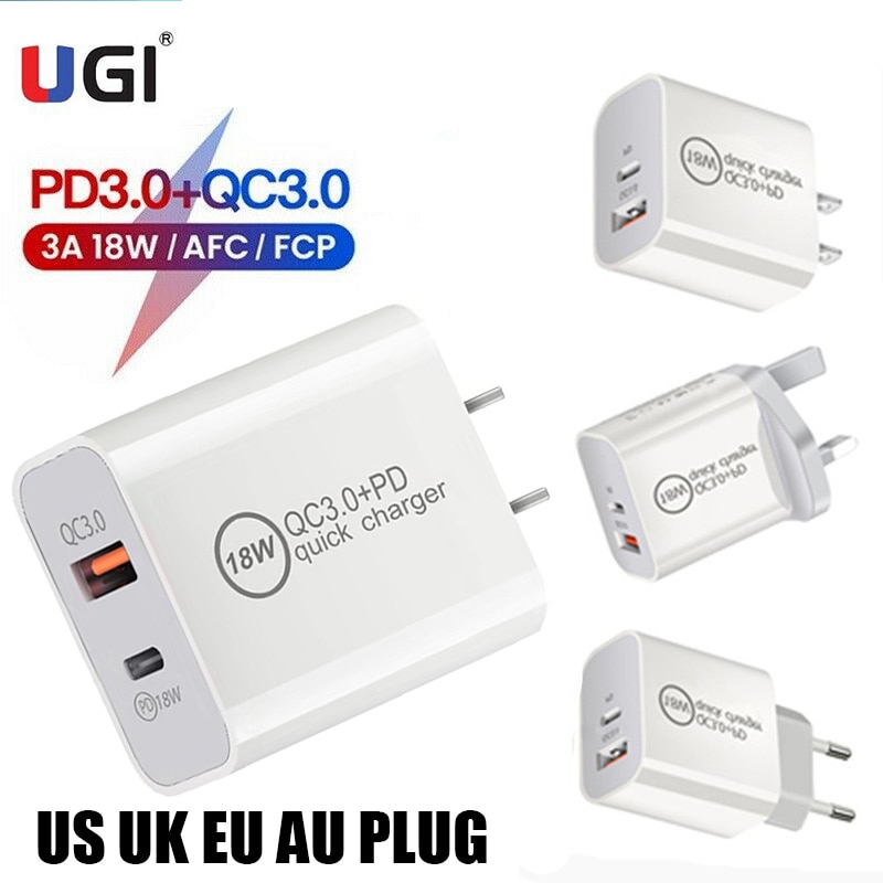 Ugi 18W 3A Pd Type-C QC3.0 Usb Snelle Oplader Mobiele Telefoon Us Uk Eu Au Plug Adapter voor Iphone 12 Samsung Oneplus Htc Xiaomi Usb C