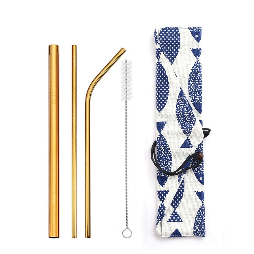 Reusable Metal Drinking Straws 304 Stainless Steel Straw Bent Straight Smoothies Straw with Cleaning Brush Bar Party Accessory: gold-bag3