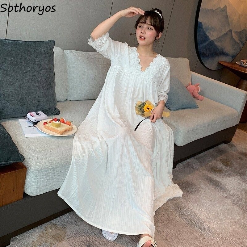 Nightgowns Women Lace Japanese Palace Style Loose Sweet Girls Sleepwear Casual Harajuku Soft Casual White Simple Cute Summer