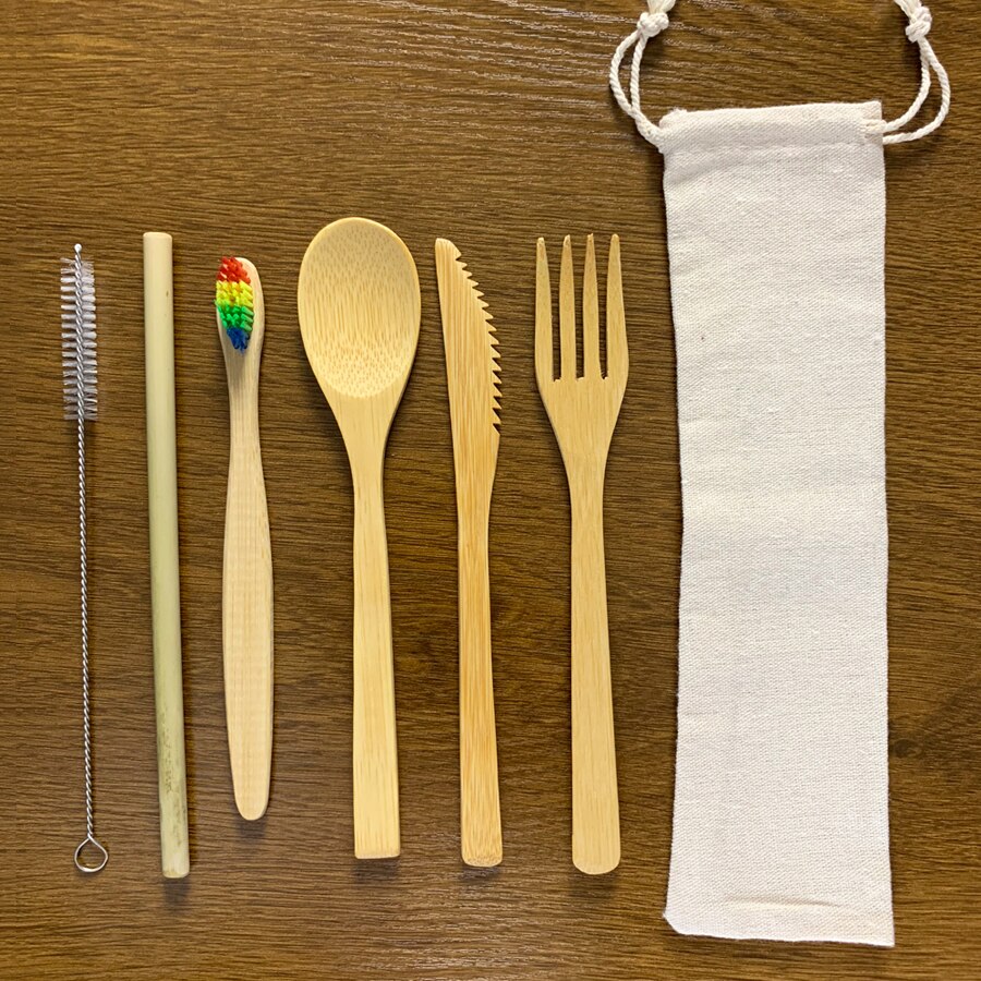 13/11/9/6-Pack Houten Bestek Bestek Set Bamboe Stro Servies Set Met Doek Tas Messen Vork lepel Reizen: Spoon 3