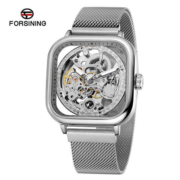 Forsining Mannen Automatische Horloge Vierkante Slanke Roestvrijstalen Gaas Band Mechanische Skeleton Horloge Klok: Type 6