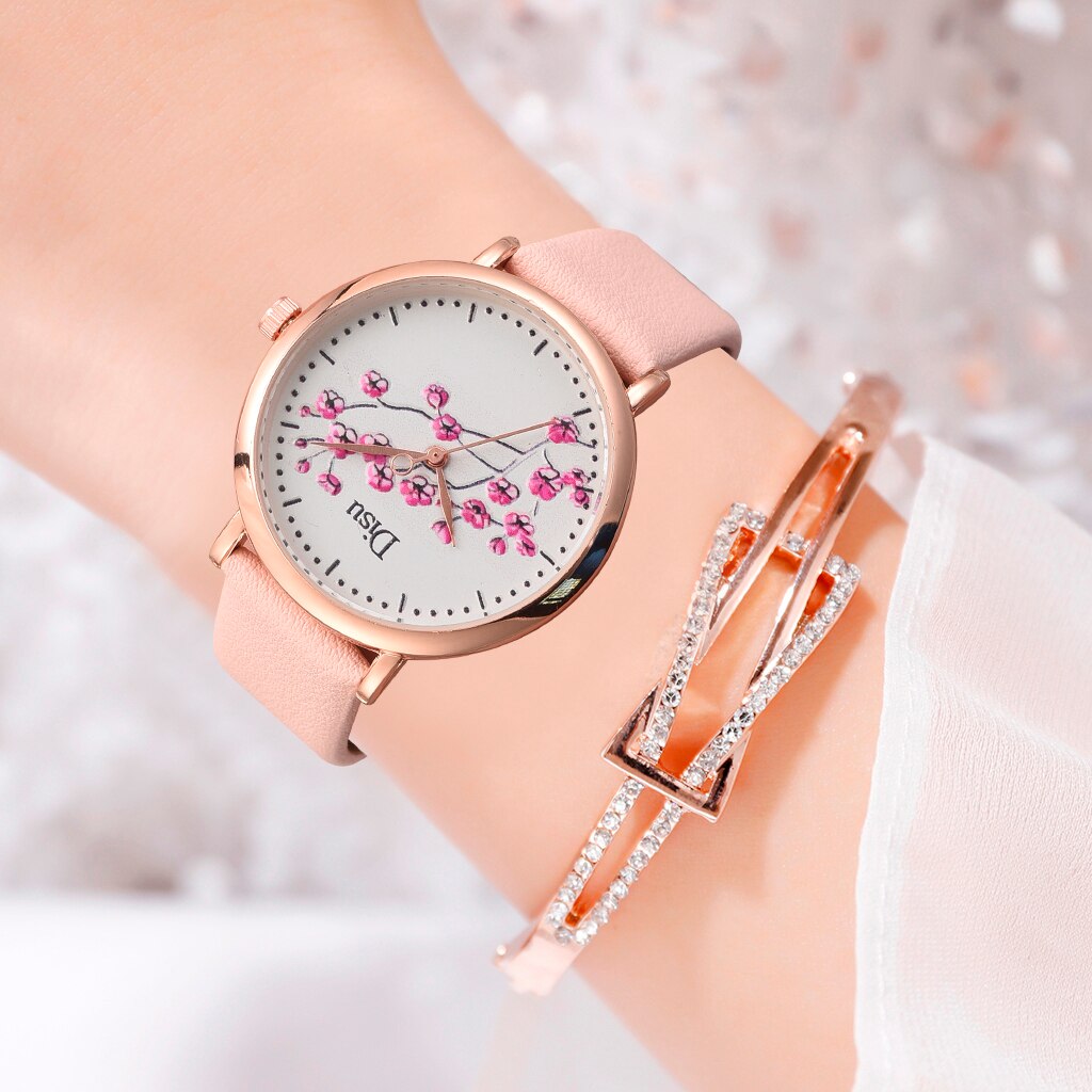 Blomster urskive ure kvinder læder dame kjole personlighed romantisk quartz armbåndsur afslappet sports ur reloj mujer