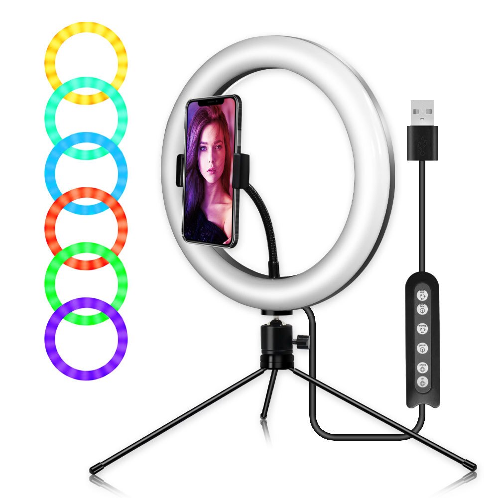 10 Inch Rgb Light Kleurrijke Usb Schoonheid Video Studio Foto Cirkel Lamp Dimbare Selfie Led Ring Licht Met Statief flash Led