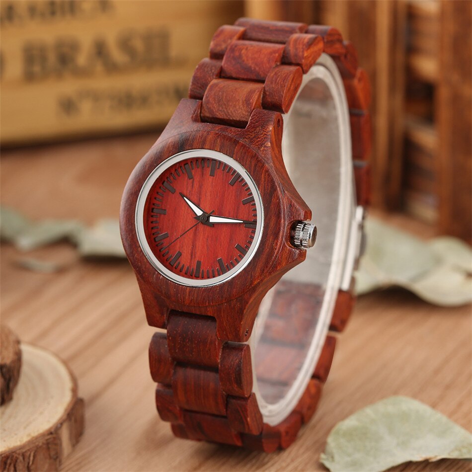 Vintage Rode Hout Vrouwelijke Horloges Quartz Natuurlijke Houten Quartz Bangle Horloge Minimalistische Vrouwen Horloge Vouwsluiting Uurwerk