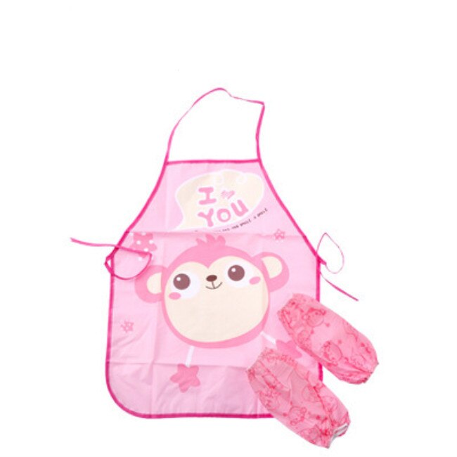 Newborn Baby Waterproof Apron Oversleeves Set Children Gown for Painting Kids Sleeveless Small Bib Apron for Kitchen Accessories: pink monkey