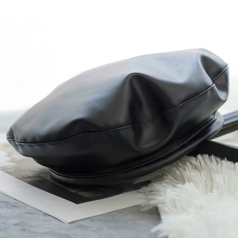 Pu leren baret dames casual winter baret pet hoed voor dames herfst retro muts petten schilderspet platte hoge hoed: Zwart