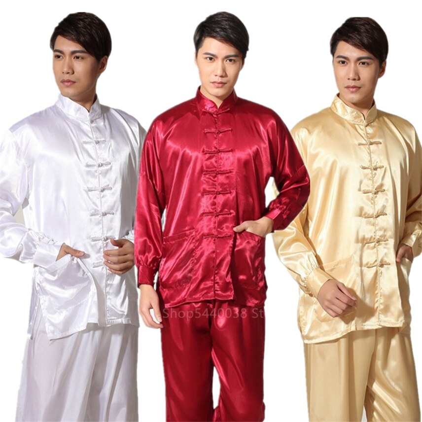 Chinese Year Clothing for Men Satin Solid Long Sleeve Kung Fu Costumes Traditional Cheongsam Top Pant Clothes Set