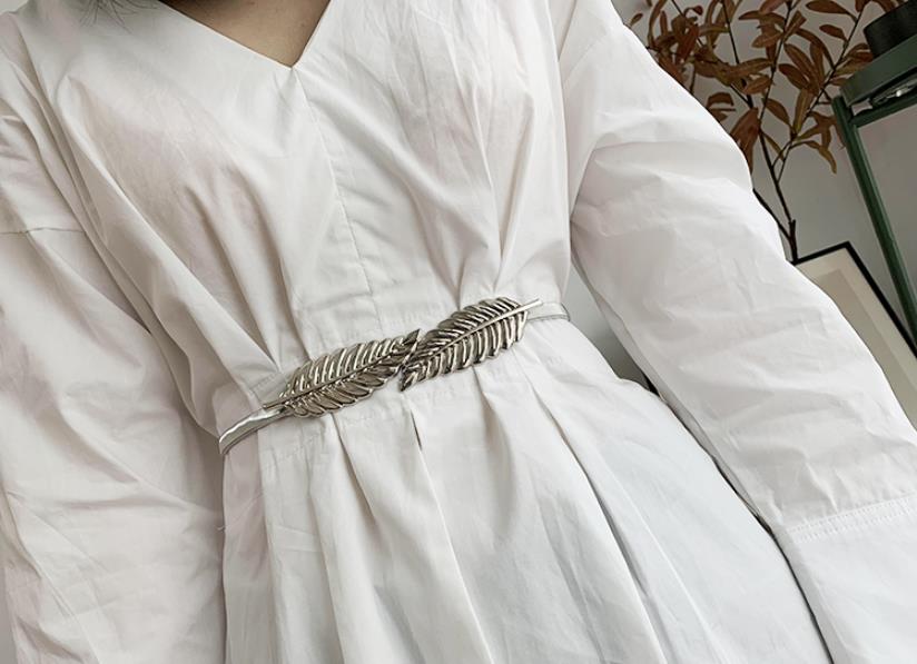 Luksus elastisk metal talje sølv guld kædebælter kvindelige runde bladspænde til kvinder kjoler rem linning: 5