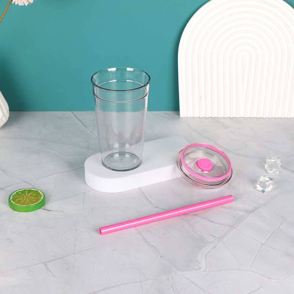 Taza con pajita portátil de 450ml, vaso transparente de una sola capa para beber, vaso de plástico reutilizable para coche, hogar