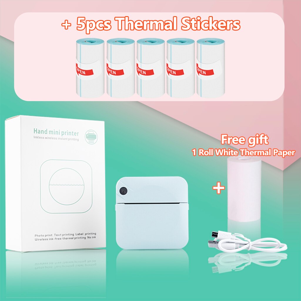 Portable Mini Printer Pocket Printer Student Note Printer Photo Text Bar Code Printer: Blue 5 Stickers