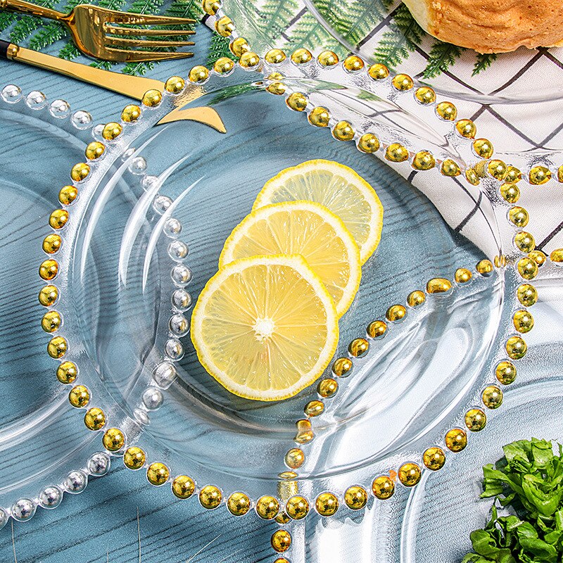 Nordic wind gilded craft beads glass plate Family Wedding hotel decorative plate Western plate