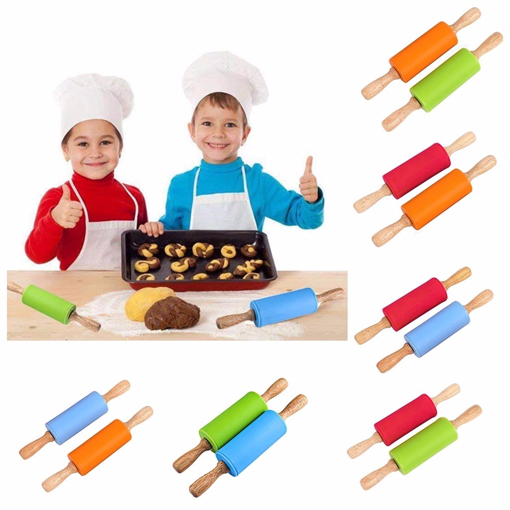 Siliconen Deegroller voor Kids Anti-aanbaklaag en Houten Handvat Rollen Rolling Pin Kid Keuken Koken Bakken Tool 9 Inch