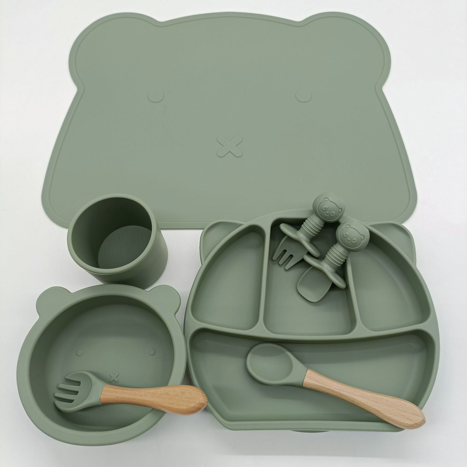 8PC Baby Silicone Sucker Plate Bowl Cup Spoon Fork Placemat Sets Food Grade Children&#39;s Compartment Training Dishes With Sucker