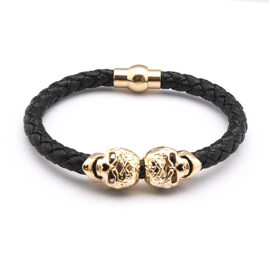 D &amp; D Gevlochten Lederen Armbanden Gouden Schedel Armband Punk Wrap Armband Vrouwen Mannen